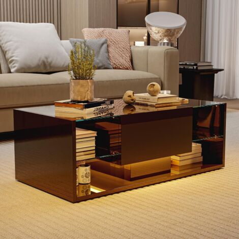 Table Basse - 100x50x35cm - avec Éclairage LED RGB, Rangement, Tiroir et Verre Trempé - Design Laquée - Noir