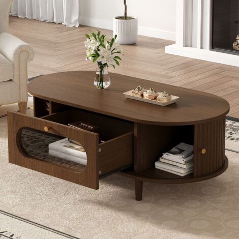 Table basse 100x50x36 cm avec tiroir et portes tambour, table de salon chambre, MDF effet noyer