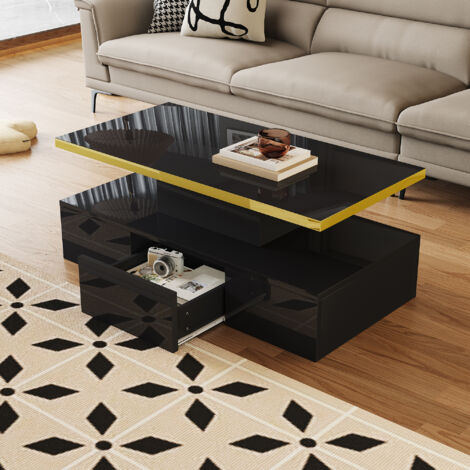 Table basse 100x50x39cm avec LED et tiroir intégré panneau de particules noir laqué haute brillance