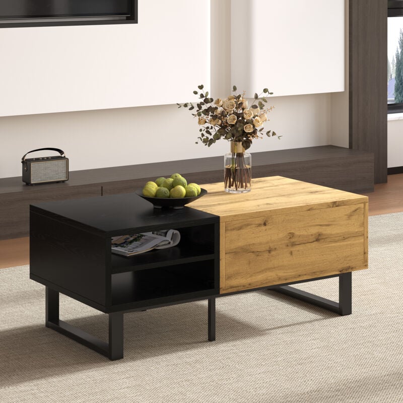 Fortuna Lai - Table basse 100x50x40cm - table de salon avec structure color block, avec compartiments et tiroirs, pieds en métal - Bois et noir
