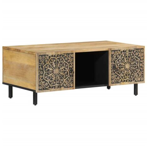 Vidaxl – Table basse fixe en bois de manguier massif 100x54x40 cm – Motifs floraux sculptés – Pieds en fer pour stabilité – Grand espace de rangement