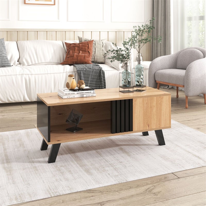 Fortuna Lai - Table basse 100x60x53cm, table d'appoint avec étagères et compartiments, rangement polyvalent, en bois coloré et noir