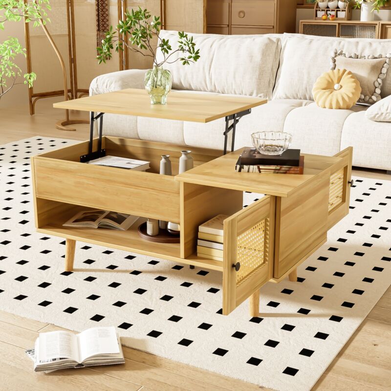 Eifson - Table basse 103x50x46 cm, avec 2 portes en rotin, cloisons ouvertes, plateau relevable, convient pour salon et chambre - Naturelle