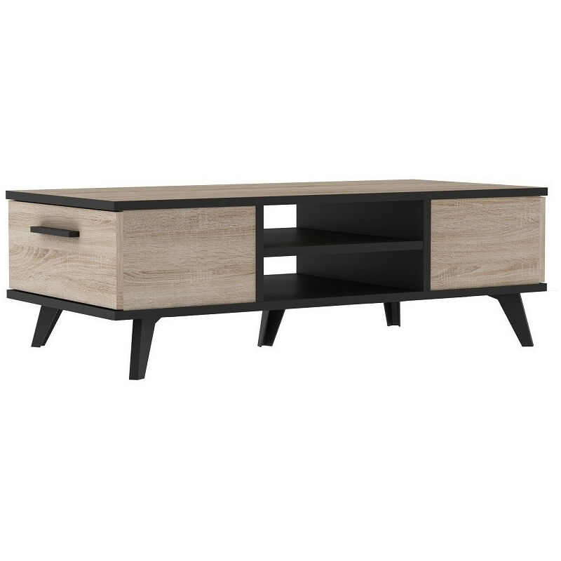 Table basse Bruce 2 tiroirs 2 niches - Naturel clair - Coloris chêne et noir mat