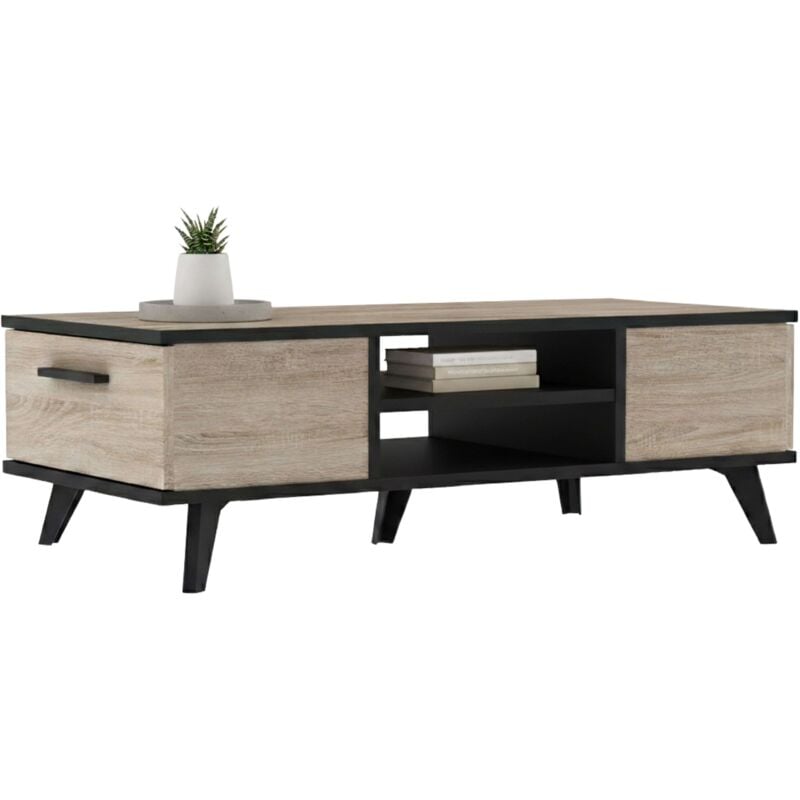 Table basse Way Living and Dining Room Chêne et Noir avec étagère à tiroirs et encastrements 106x50x35