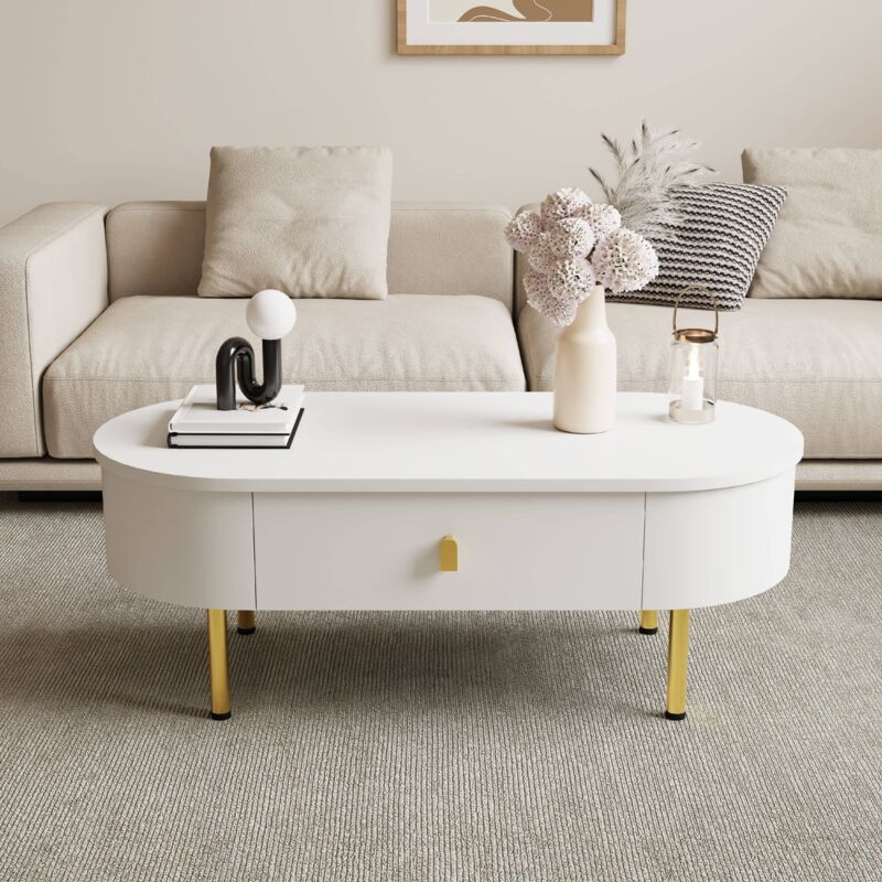 Tanant - Table basse 108 cm - mdf, Table basse ovale avec 2 tiroirs, poignées et pieds dorés, coins incurvés, convient pour salon et bureau - Blanc