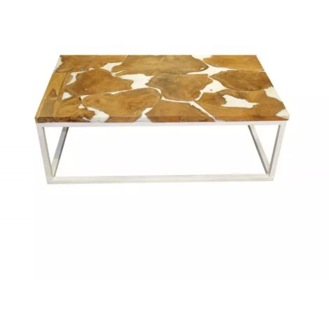 Table basse 110 cm en teck et résine blanche pieds métal - PAULETTE