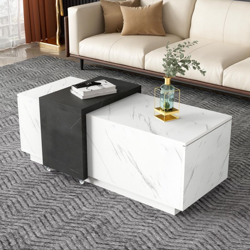 Dans Les Nuages - Table basse 110 cm, rectangulaire, avec 2 portes de rangement, finition effet marbre, plateau supérieur mobile et roulettes, table