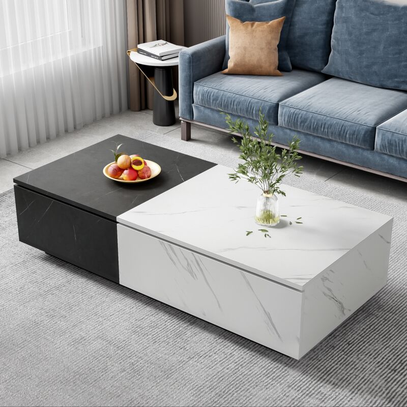 Dans Les Nuages - Table basse 110 cm, rectangulaire, avec 2 portes de rangement, finition en placage effet marbre, moderne, table de salon en bois