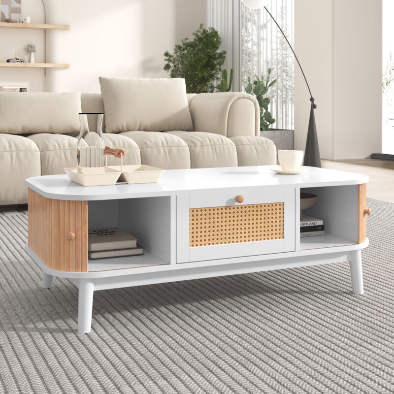 Hauss Spole - Table basse 110 x 55 x 38.5 cm design avec portes coulissantes et 1 tiroir en rotin, particules, charge de 50 kg, blanc+naturel