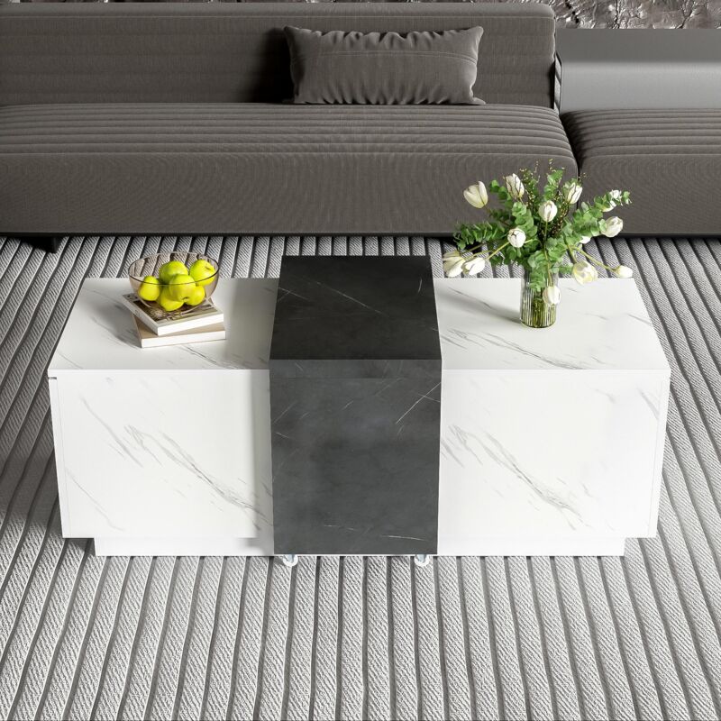 Tanant - Table basse 110CM - mdf, placage aspect marbre, Table basse rectangulaire avec 2 portes, adaptée au salon et au bureau - Blanc