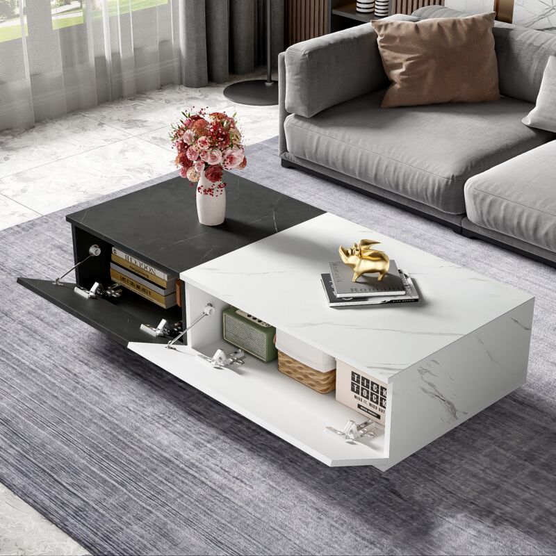 Fortuna Lai - Table basse 110x50x28cm - table en placage effet marbre, design à 2 portes - aggloméré noir + blanc