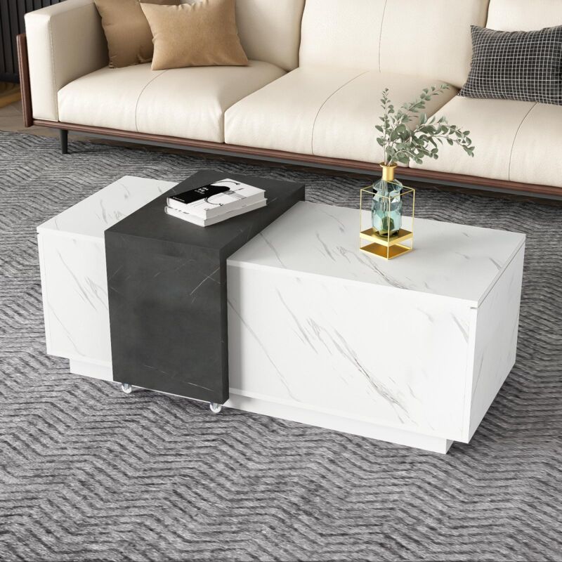 Eifson - Table basse 110x50x40 cm, plaqué aspect marbre, avec deux portes de rangement, plateau amovible avec petites roulettes, convient pour salon