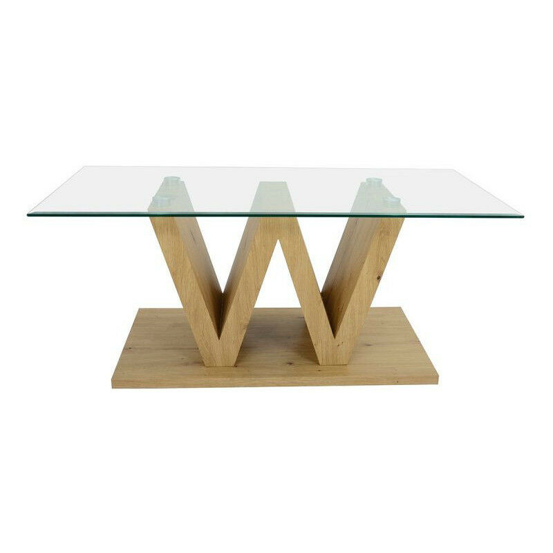 Table basse verre et pied en W bois chêne clair 110 cm