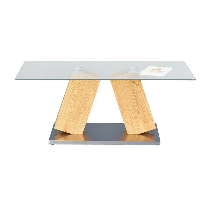 Table basse rectangulaire verre et pied chêne clair Nellah 110 cm