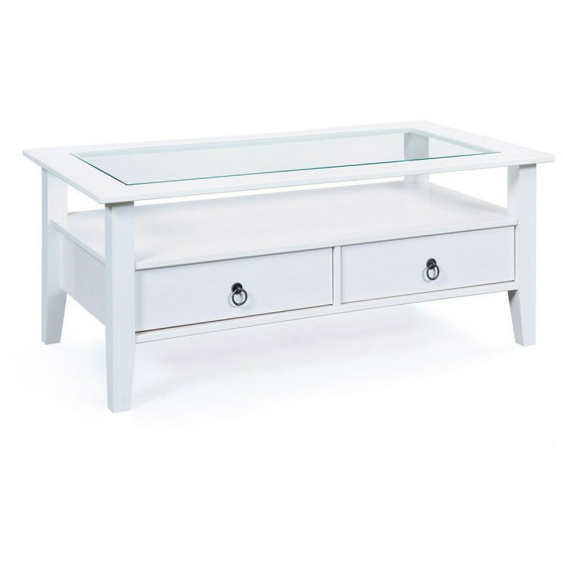 Table basse 2 tiroirs pin massif vernis blanc Prince 115 cm