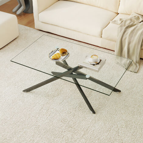 Table basse 120x60cm en verre trempé et métal noir, design moderne rectangulaire, H46 cm