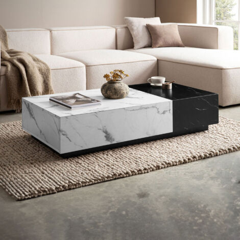 Table basse 120x60x28 cm effet marbre noir et blanc