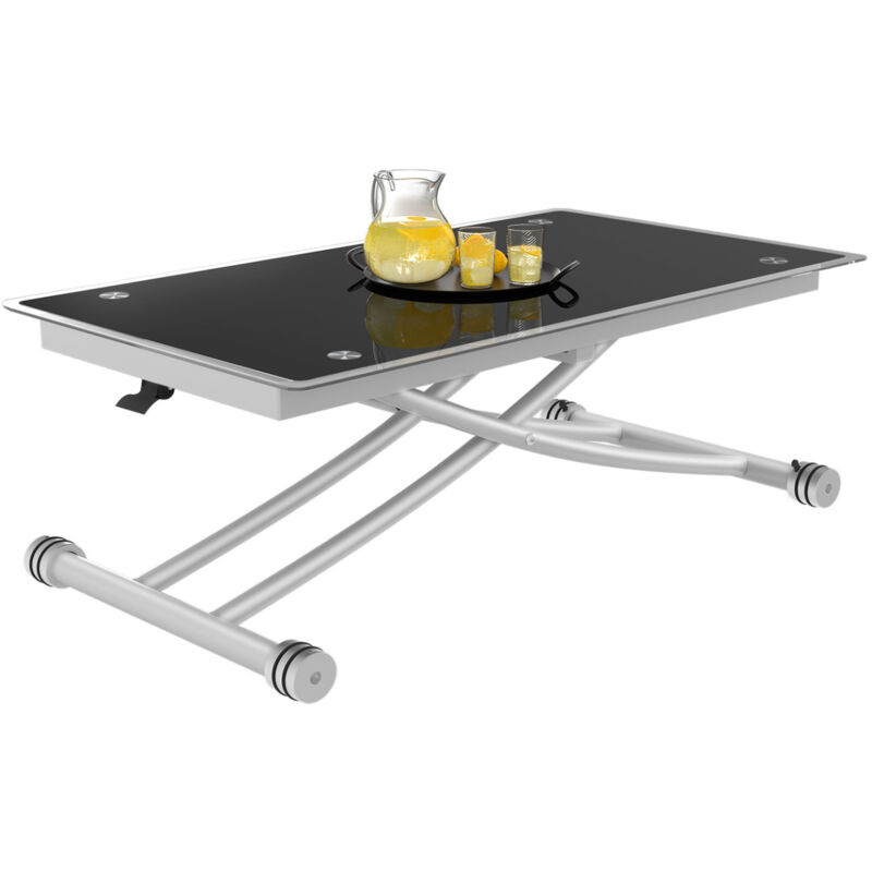 Table basse fixe relevable en table à manger rectangulaire urbana plateau verre trempé pied chrome
