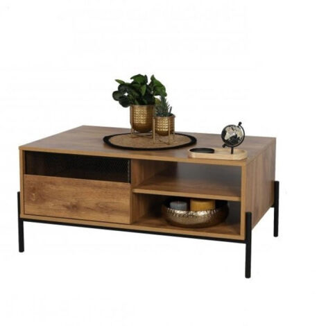 Table basse 2 niches 1 tiroir 100x55x45 cm décor bois et métal - OLI