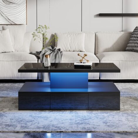 Table basse 2 niveaux avec LED 16 couleurs, étagère ouverte et tiroir, finition laquée brillante noire, pour salon moderne 100x50x39cm