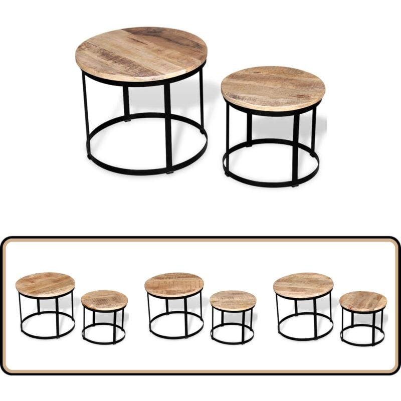 Table basse 2 pcs Bois de manguier brut Rond 40/50 cm - Tables Basses Industrielles - Meubles Design - Tables Rondes - Tables D'appoint - Mobilier