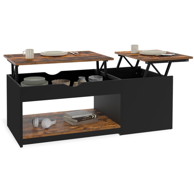 Idmarket - Table basse 2 plateaux relevables eyla avec coffre bois foncé effet vieilli et noir