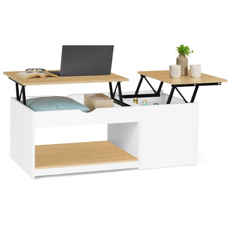Table basse 2 plateaux relevables eyla avec coffre bois blanc et façon hêtre