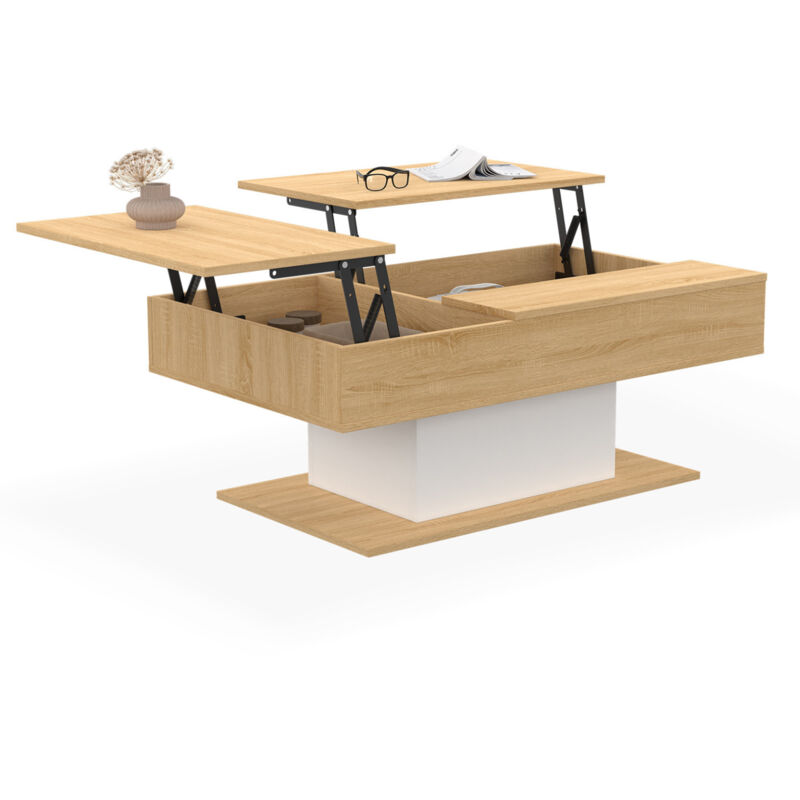 Idmarket – Table basse relevable rectangulaire 100x60cm – 2 plateaux relevables – Matériau mélaminé bois et blanc – Rangement intégré