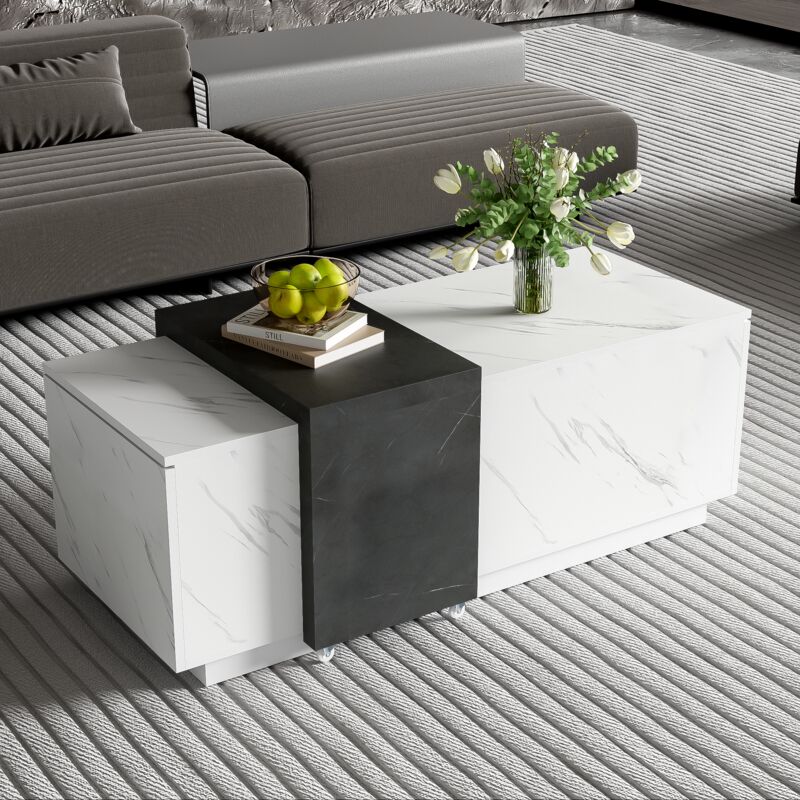 Modernluxe - Table basse - 2 portes abattantes & un plateau à roulettes - Blanc & Gris