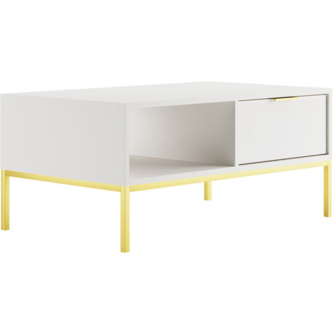 Table basse 2 tiroirs 100x60x45,4 cm blanc et métal doré - AUZTY