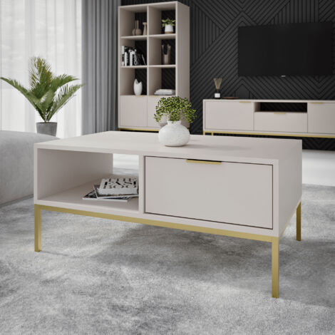 Table basse 2 tiroirs 100x60x45,4 cm crème et métal doré - AUZTY