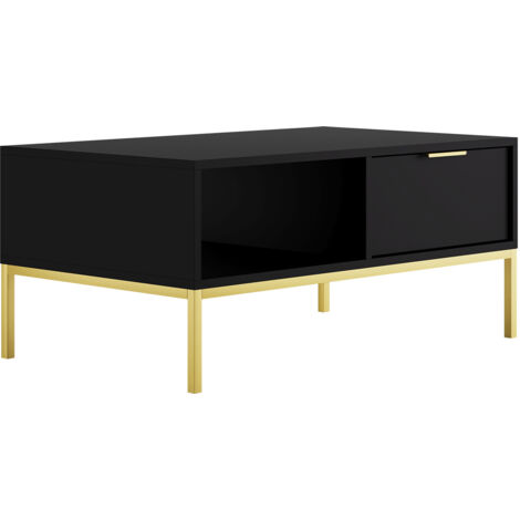 Table basse 2 tiroirs 100x60x45,4 cm noir et métal doré - AUZTY