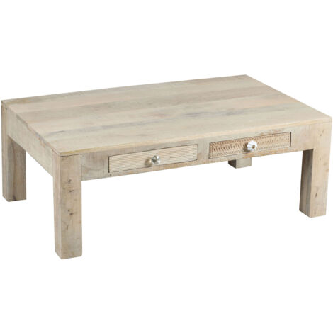 Table basse 2 tiroirs 100x70x40 cm en manguier naturel blanchi - KEEN