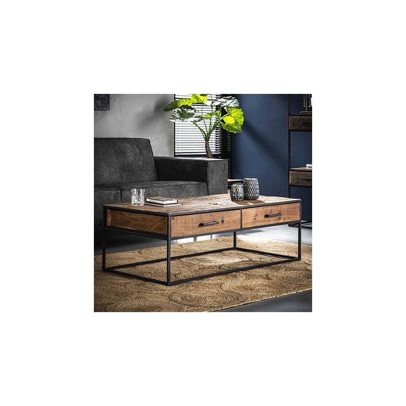 M&s - Table basse 2 tiroirs 120x60x40 cm en bois vieilli marron et métal - CALEB
