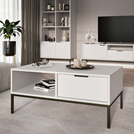 Table basse 2 tiroirs 80x60x45,4 cm blanc et métal noir - AUZTY