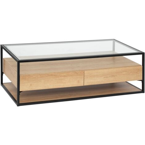 Table basse 2 tiroirs effet bois et verre ALDEA