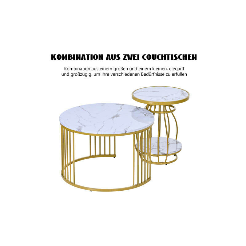 Table basse 2pcs Table de salon ronde avec piètement métal Table d'appoint blanche Moderne Tables gigognes pour le salon