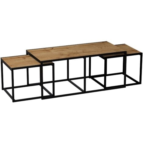 Table basse 3 en 1 gigogne Bois Chêne et Métal Noir - Chêne clair