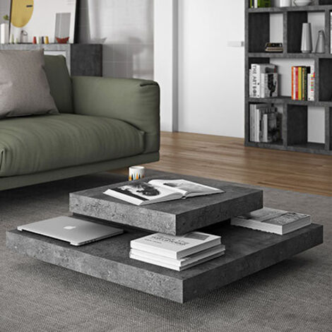 Table basse 4 plateaux 90x90 cm en bois effet béton et noir - SLATE