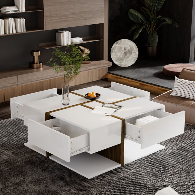 Modernluxe - Table basse - 4 tiroirs - espace de rangement en bas - 78x78x36cm - Blanc & Marron
