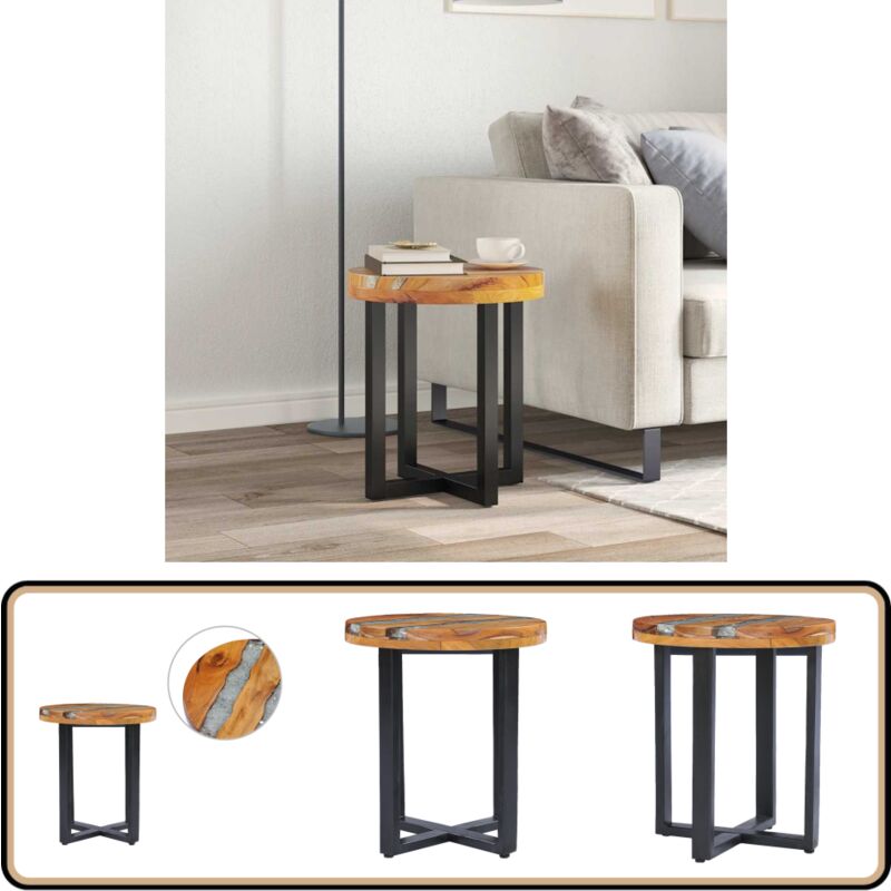 Table basse 40x45 cm Bois de teck massif et polyrésine - Table Basse - Table D'appoint - Meubles Rustiques - Mobilier Design - Table Ronde