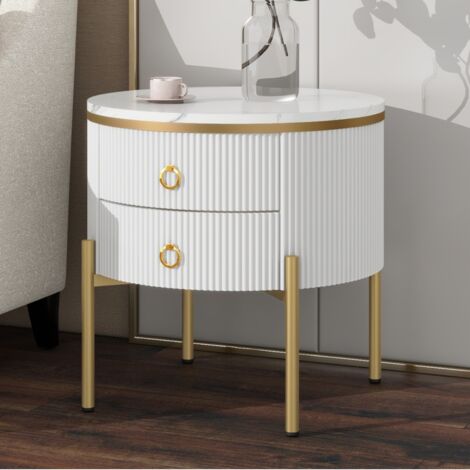 Table basse 50x50x51cm, avec deux tiroirs de rangement, finition marbre, pieds et poignées dorés, convient pour salon et chambre - Blanc