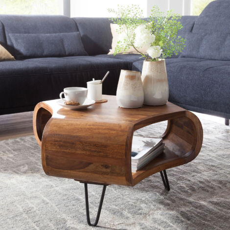 Table basse 55x55 cm en bois massif de Sheesham et métal noir mat – Design élégant – Livrée prête à monter – Poids 15 kg