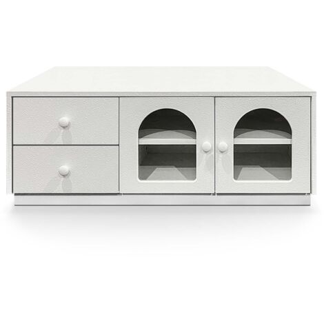 Table basse 60x100cm avec portes et tiroirs style naturel chic Volos Blanc texturé