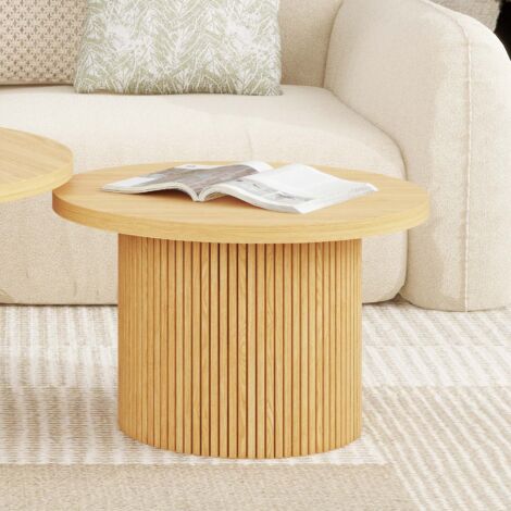 Table basse 60x60x40 cm, table basse fixe, finition de grain en bois, base verticale à rayures, Table basse ronde bois - Naturel