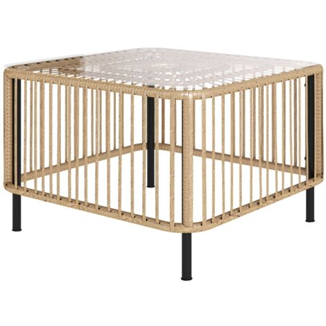Table basse 65×65×43 cm en rotin naturel, plateau en verre trempé.