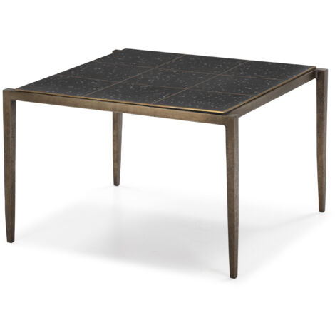 Table basse 65x59x41 fer doré antique/terrazzo époxy noir et métal incrusté