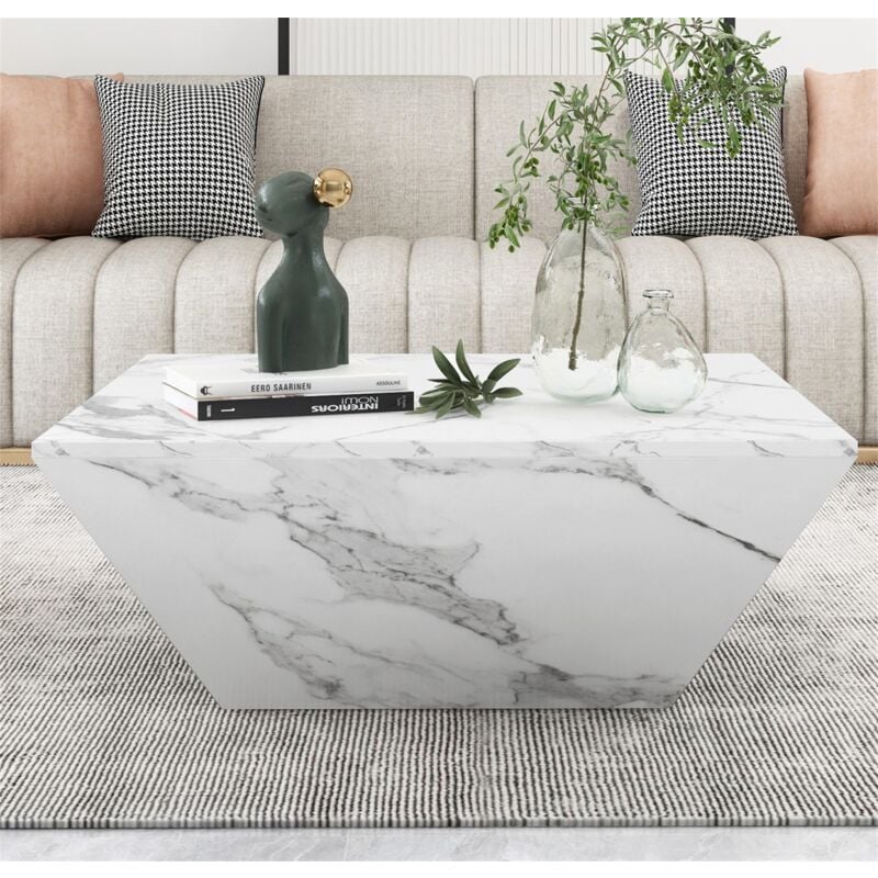 Eifson - Table basse 70 cm, avec 2 tiroirs, design trapézoïdal, placage marbre blanc, style contemporain, table basse trapézoïdale, 70x70x37 cm