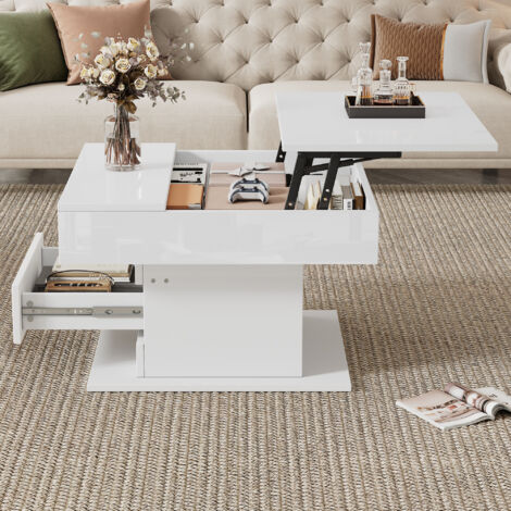 Table basse 70x70x45 cm avec plateau relevable et tournante 360°,avec tiroir et rangement intégré,plateau laqué brillant,blanc